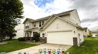 Two-story suburban house with attached garage on a cloudy day and Roof It Forward logo overlay