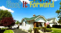 Residential house with green roof and text Roof It Forward under a sunny blue sky with cartoon kids above text