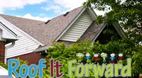 Roof It Forward logo with colorful text and cartoon children in front of a suburban house roof and greenery.