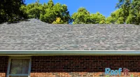 New asphalt shingle roof on brick house under a clear blue sky with green trees in the background