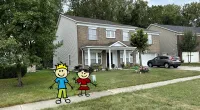 a cartoon character in front of a house