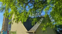 Pale yellow house roof and chimney framed by bright green tree branches under a clear blue sky.