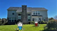 a cartoon character in front of a house