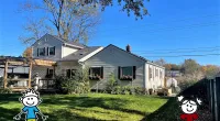 a house with a yard and a lawn with a house and trees