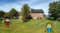 a cartoon of a boy and girl running in a yard with a house and trees