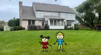 a couple of toy characters in a yard in front of a house