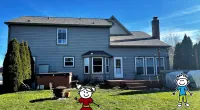 a house with a lawn and a cartoon character in front of it