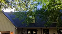 Suburban house with a dark shingled roof, beige siding, garage, and green leafy trees in front on a sunny day.
