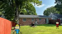 a couple of cartoon characters in a yard with a house and trees