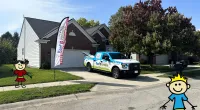 a cartoon of a car and a cartoon character on a driveway