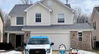 a car parked in front of a house with a cartoon character in front