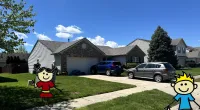a cartoon character in front of a house