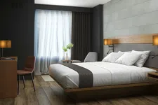 Thumbnail for Modern hotel room with a queen bed, wooden furniture, floor lamp, and a large window with white curtains.