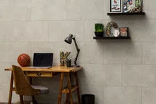 Thumbnail for Modern bedroom workspace with wooden desk, basketball, laptop, decorative letters, and shelves with sports-themed decor.