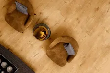 Thumbnail for Top view of two brown armchairs with gray pillows around a round glass table on wooden floor