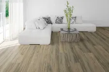 Thumbnail for Modern living room with white sectional sofa, patterned pillows, wooden coffee table, and wood-look flooring.