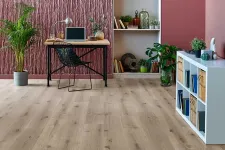 Thumbnail for Modern home office with light wood flooring, textured mauve accent wall, plants, and minimalist furniture setup
