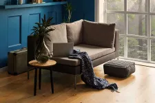 Thumbnail for Cozy modern living room with beige sofa, laptop, blue wall, large window showing green trees outside.