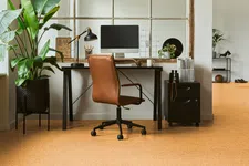 Thumbnail for Modern home office setup with brown leather chair, computer, desk lamp, large plant, and wooden floor