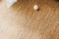 Thumbnail for Textured wooden floor with two vintage sports balls near a metal shelf and white curtain by glass door.