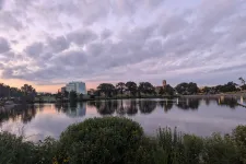 Thumbnail for Calm lake reflecting trees and buildings at sunset under a cloudy sky with bushes in the foreground