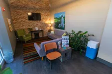 Thumbnail for Cozy waiting room with brick wall, TV, green armchair, gray sofa, colorful rug, and indoor plants