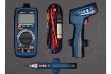 Thumbnail for Toolkit with digital multimeter, probes, infrared thermometer, and voltage detector in foam case