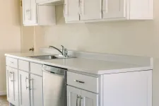 Thumbnail for Modern white kitchen cabinets with stainless steel dishwasher and light wooden flooring in bright room