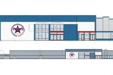 Thumbnail for Architectural rendering of a blue and white storage center building with large windows and branded logo.