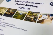 Thumbnail for Library Renovation Public Meeting agenda with photos of library interiors and seating areas.