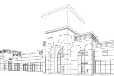 Thumbnail for Architectural wireframe drawing of a large commercial building with arched entrances and multiple sections.