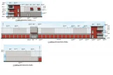 Thumbnail for Architectural elevation plans showing front and side views of a two-story commercial building with red accents.