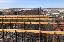Thumbnail for Large industrial wooden scaffolding structure under clear sky with workers and buildings in the background