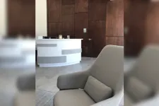 Thumbnail for Modern reception area with a curved white desk, gray armchair, and wooden paneled wall with door.