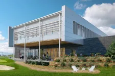 Thumbnail for Modern clubhouse with outdoor seating, terraced garden, and people enjoying a sunny day by the golf course.