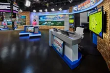 Thumbnail for TV news weather studio with anchors, digital screens, and weather maps in a professional broadcast setting