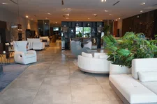 Thumbnail for Modern lounge area with white and gray sofas, armchairs, a large plant, and a decorative shelving unit.