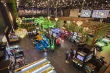 Thumbnail for Indoor arcade with vintage and modern game machines, colorful seats, green plants, and string lights above.