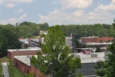 Thumbnail for View of red brick buildings with green trees and blue sky with clouds in an urban area