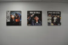 Thumbnail for Three wall posters promoting welding skills and career growth in an industrial setting with workers in protective gear.