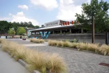 Thumbnail for Outdoor paved walkway with ornamental grass leading to a modern restaurant under a partly cloudy sky.