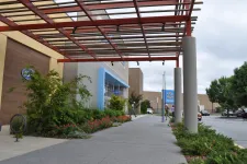 Thumbnail for Outdoor walkway with a pergola, landscaped plants, and storefronts for Ross and Walmart in a shopping center.