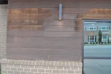 Thumbnail for Wood-paneled wall with modern light fixture above brick ledge next to reflective glass window showing street view.