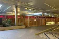 Thumbnail for Indoor parking area with wooden privacy partitions and red-tinted upper panels under fluorescent lights