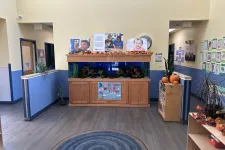 Thumbnail for School lobby with large aquarium, welcome sign, children's artwork, bookshelves, and autumn decorations including pumpkins.