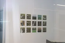 Thumbnail for Wall display of sixteen small framed photos showing various golf clubs and golf shots in a modern indoor space.