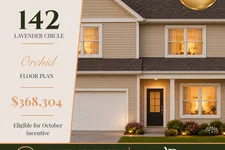 Thumbnail for Modern two-story beige house at dusk with illuminated windows and a black front door at 142 Lavender Circle
