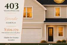 Thumbnail for Modern two-story beige house with black door and lit windows advertised for sale at 403 Wildflower Lane.