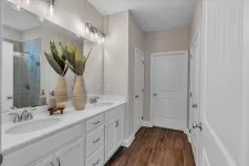 Thumbnail for Bright modern bathroom with double sinks, large mirror, wooden floor, and decorative plants on countertop