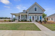 Thumbnail for Beautiful modern house with light blue siding, manicured lawn, and clear blue sky in the background.
